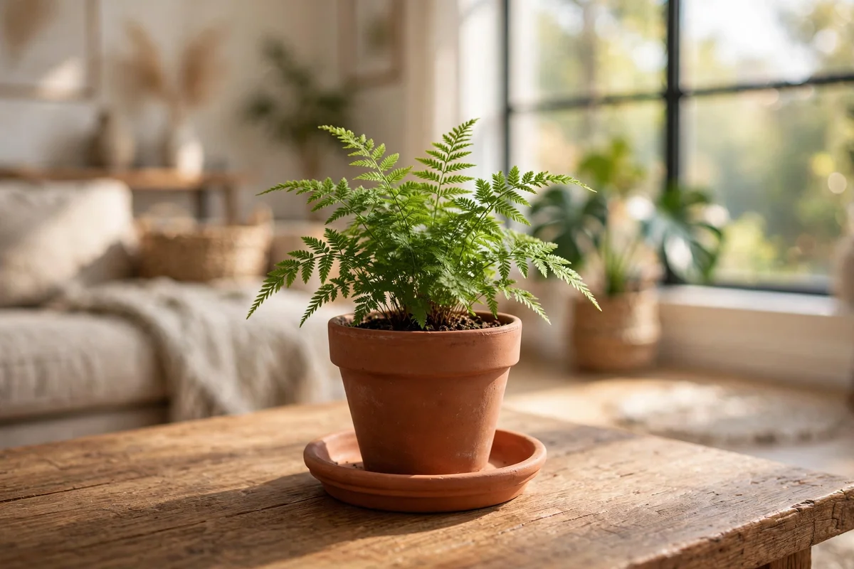 Small fern in a terracotta pot with saucer on a wooden coffee table in soft window light