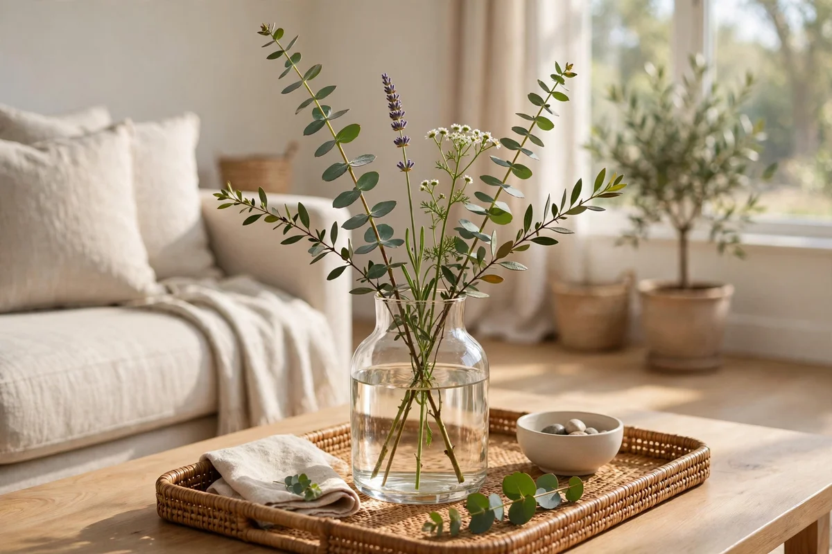 Clear glass vase with fresh eucalyptus and garden stems on a coffee table