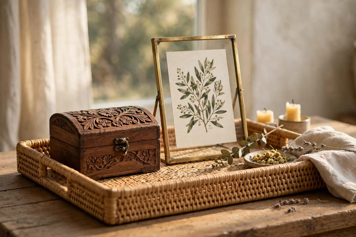 Carved wooden keepsake box and small brass frame with botanical print on a coffee table tray