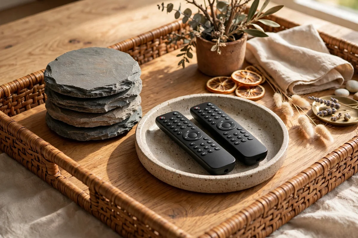 Neat tray corner with stacked stone coasters and a small dish holding two TV remotes