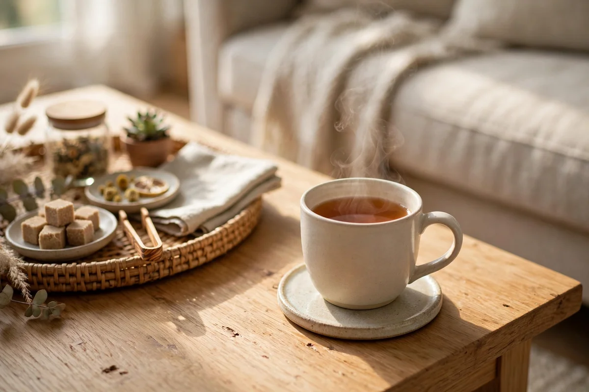 Ceramic coaster holding a steaming mug of tea on an empty corner of a coffee table