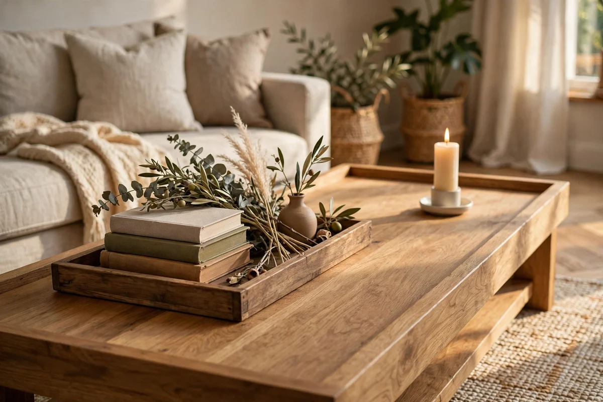 Long rectangular coffee table styled in two zones with a tray cluster and a calm empty half