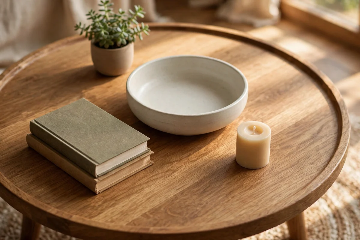 Round wooden coffee table with a centred low bowl and three small objects in a triangle