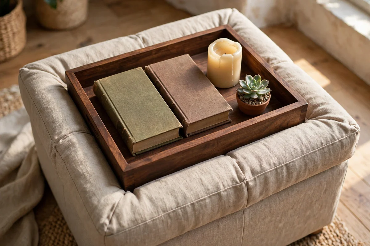 Fabric ottoman used as a coffee table with a deep wooden tray holding books and a candle