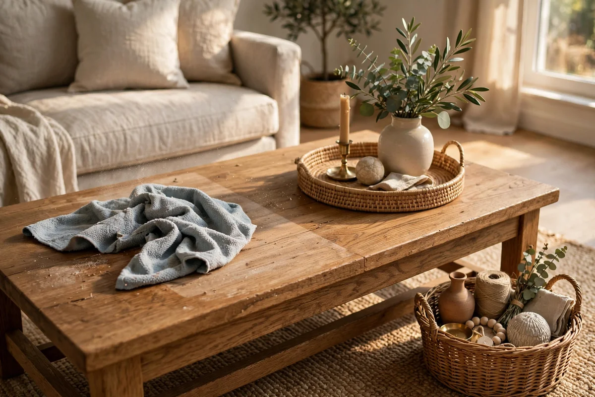 Half-styled coffee table with a soft cloth and a basket of spare decor objects beside it