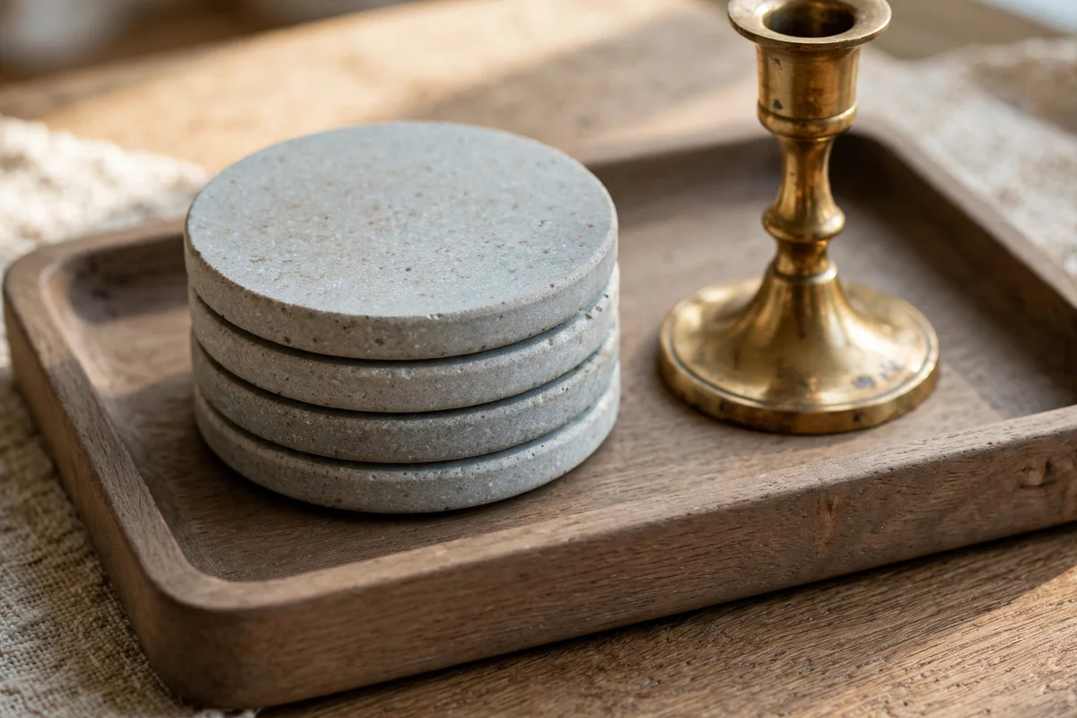 Wooden tray, honed stone coasters and a warm brass candlestick grouped on a coffee table