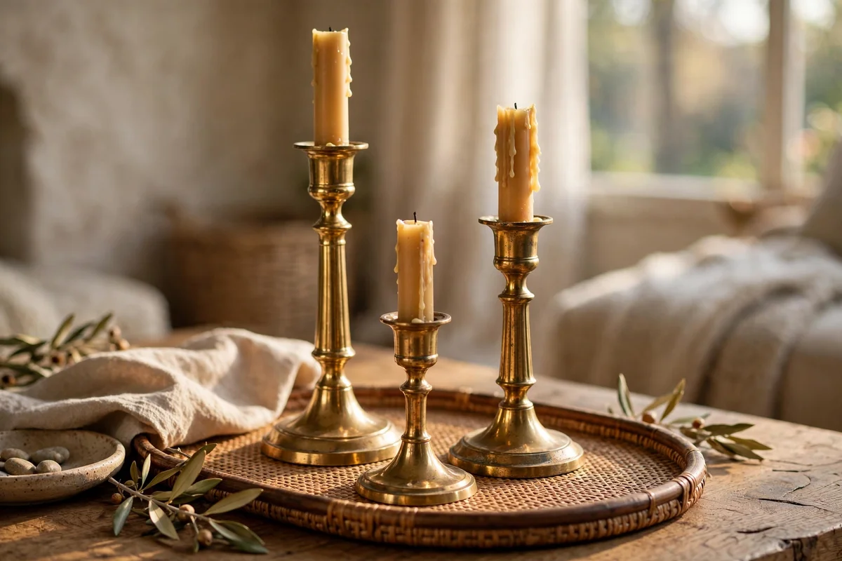 Three candlesticks of descending heights grouped slightly off-centre on a coffee table tray