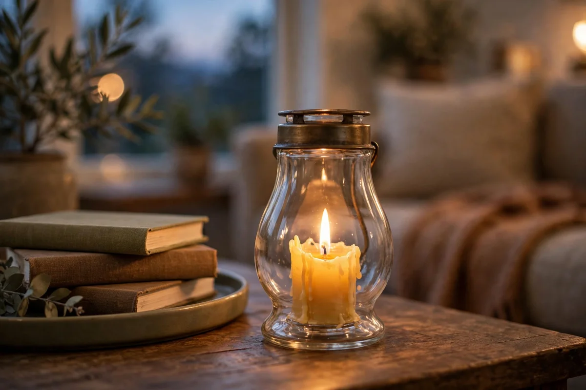 Glass hurricane lantern with a lit beeswax candle glowing on a coffee table at dusk