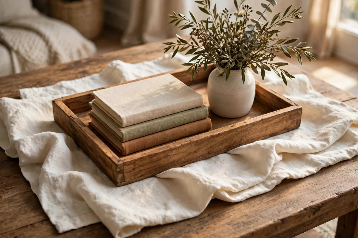 Folded cream linen runner layered beneath a wooden tray on a coffee table