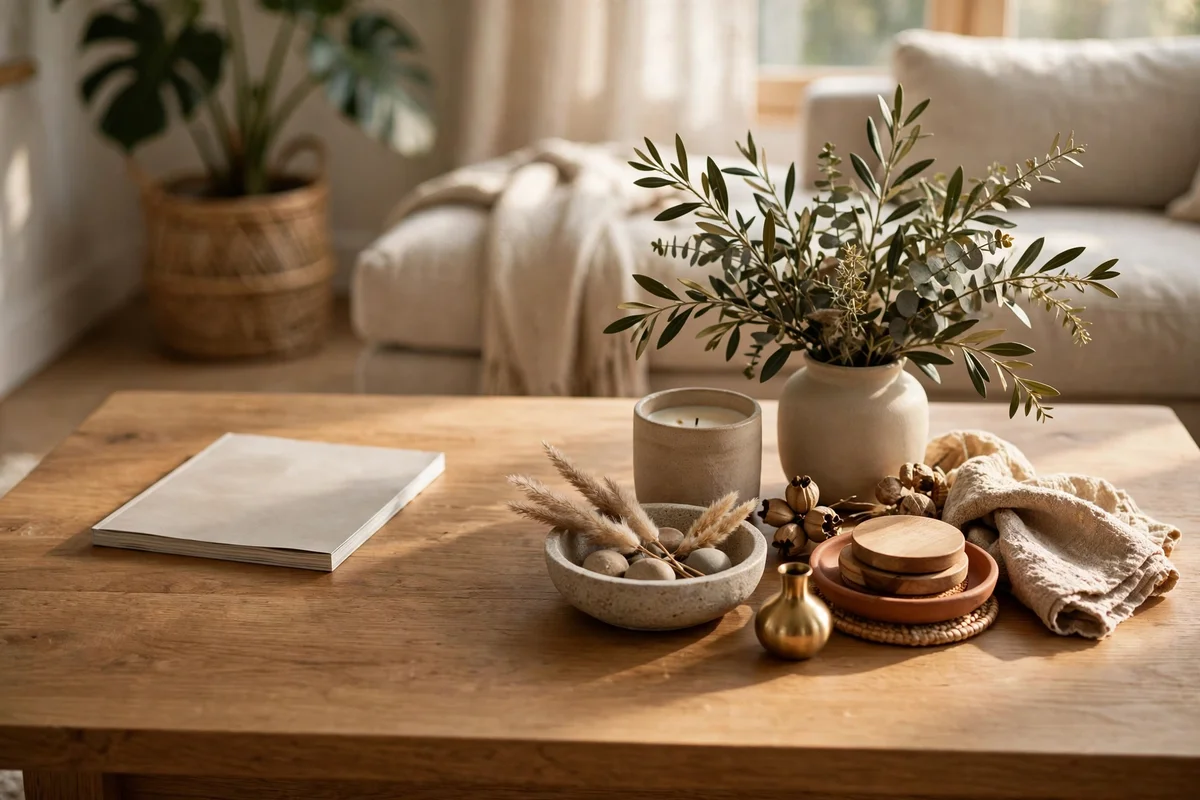 Coffee table with decor on two thirds and one third empty holding only a magazine