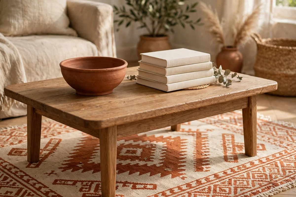 Terracotta bowl and cream books on a coffee table echoing the colours of the rug below