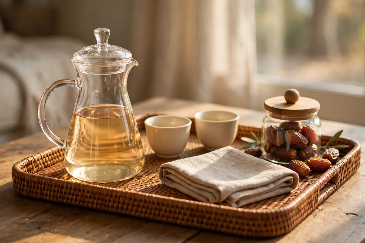 Glass tea carafe with two small cups and a folded napkin on a coffee table tray