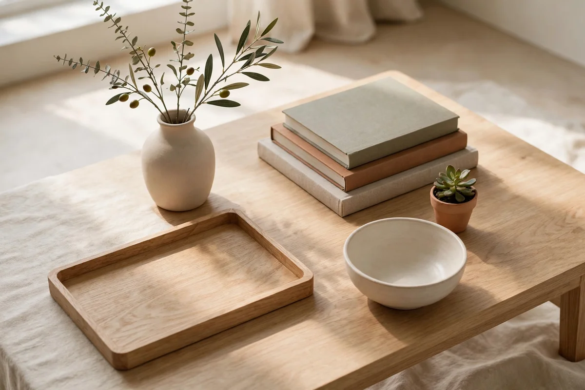 Minimal coffee table edited to five pieces: tray, vase, book stack, bowl and small plant