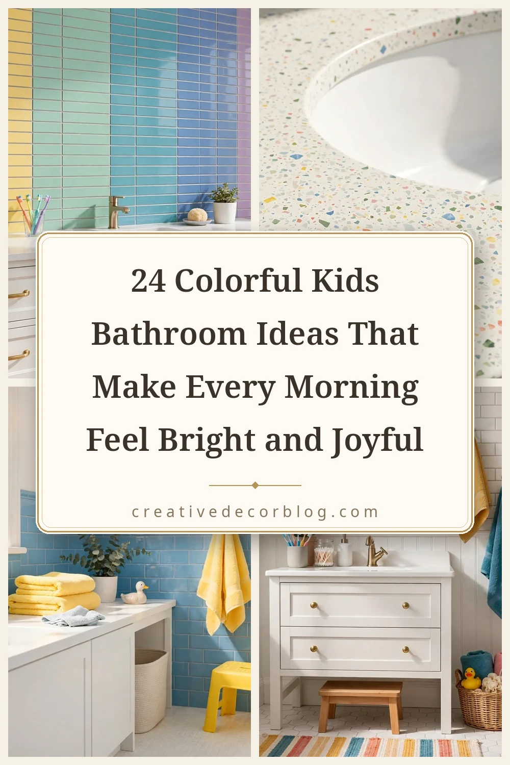 Pinterest pin collage for 24 colorful kids bathroom ideas from creativedecorblog.com