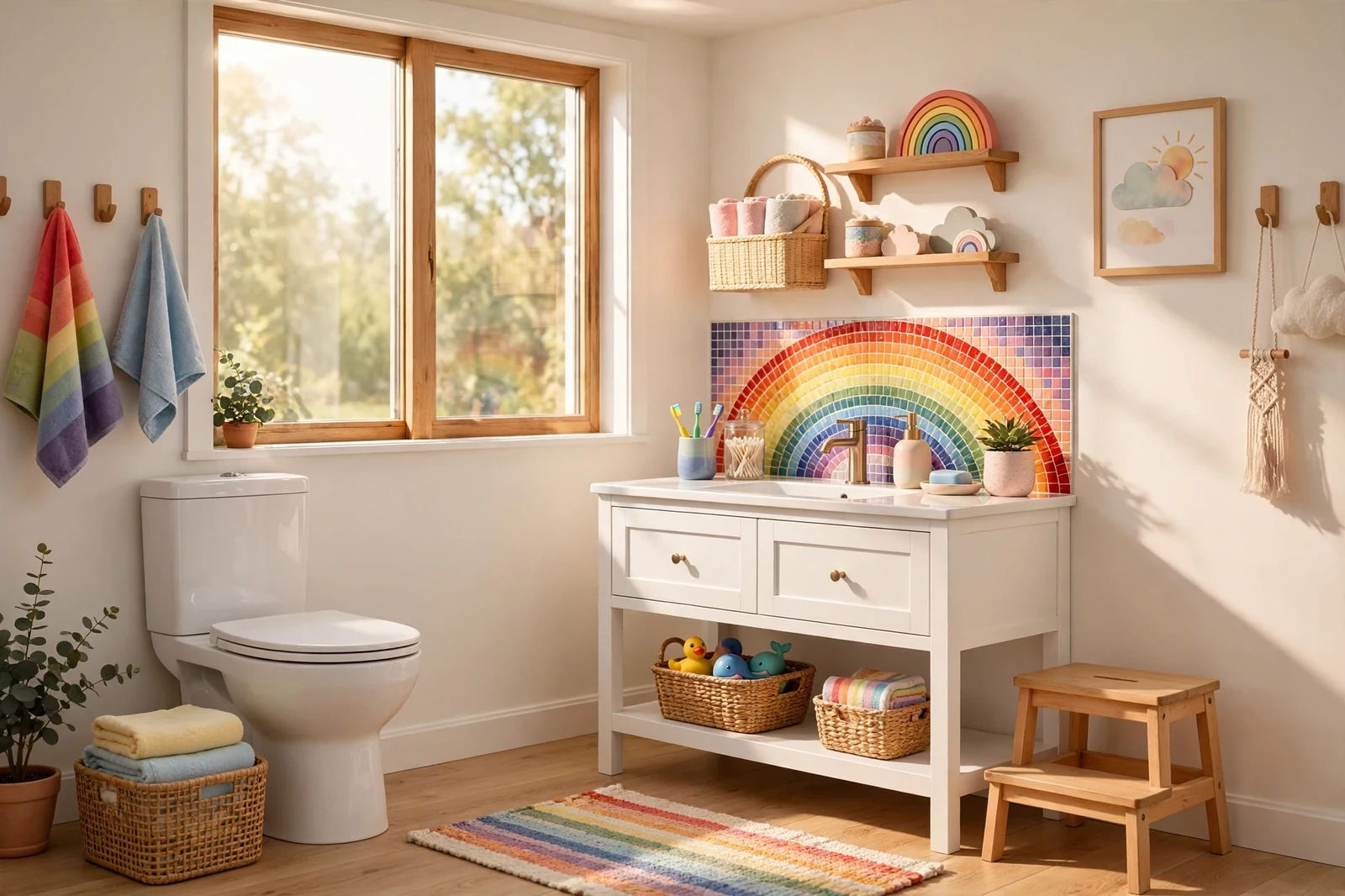 Bright cheerful kids bathroom with rainbow tile backsplash and colorful accents