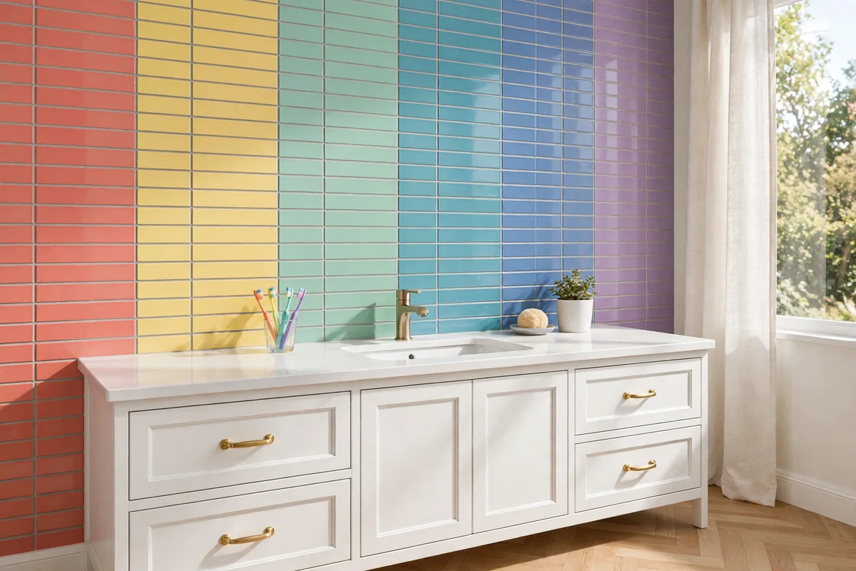 Kids bathroom vanity wall with rainbow sequence tile backsplash