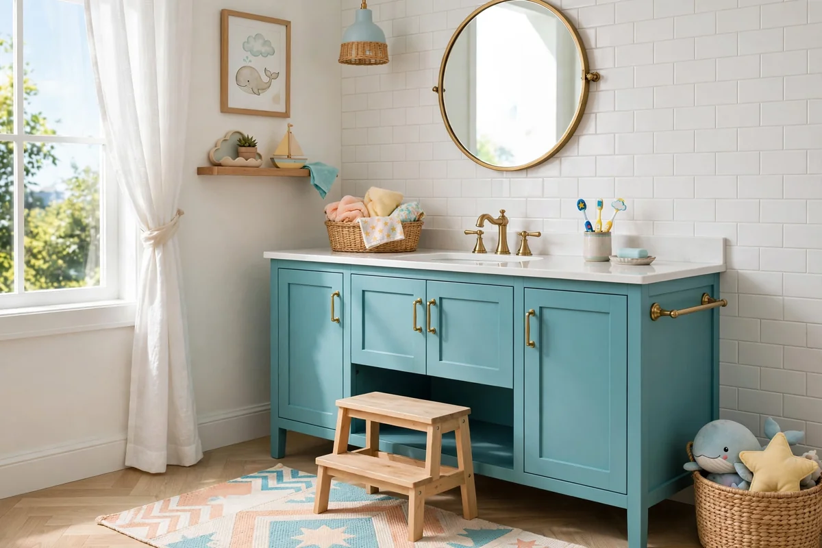 Cheerful kids bathroom with a turquoise painted vanity and brass hardware