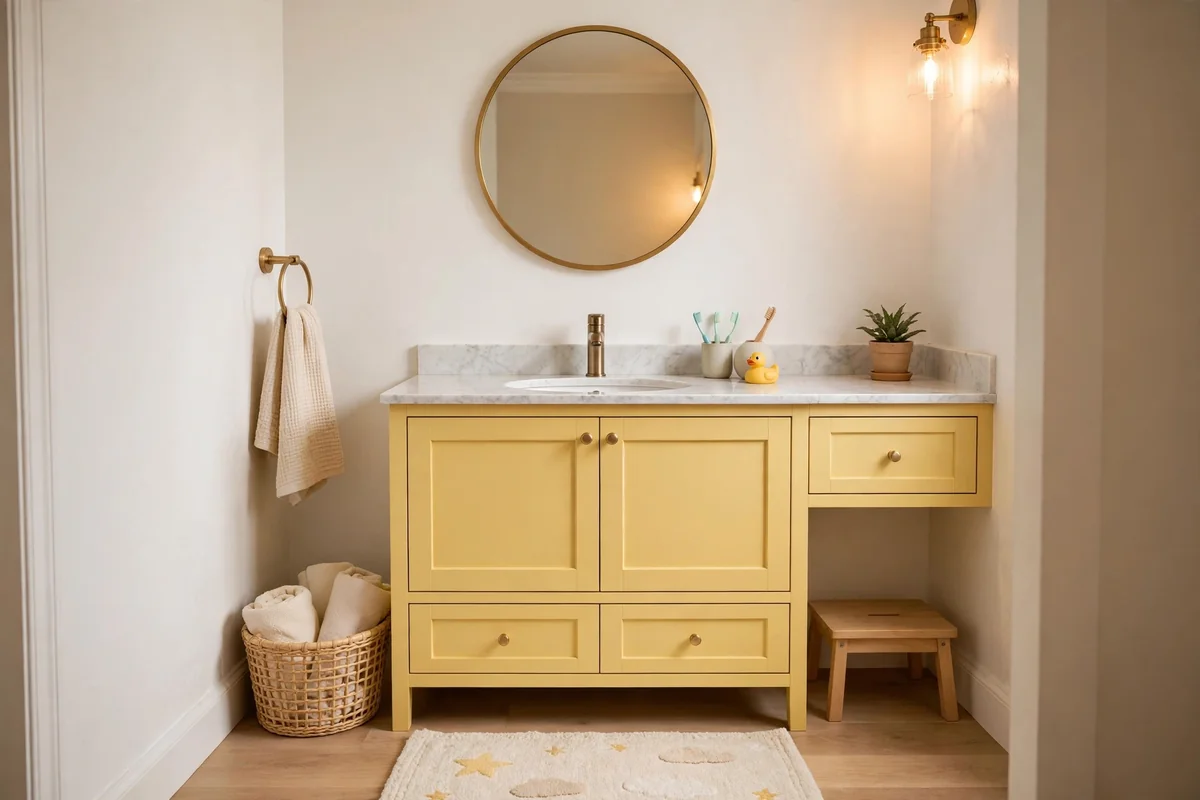 Kids bathroom with a buttery marigold yellow vanity cabinet