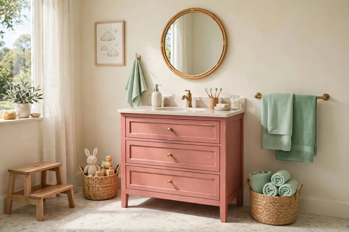 Kids bathroom with a dusty coral painted vanity and mint towels