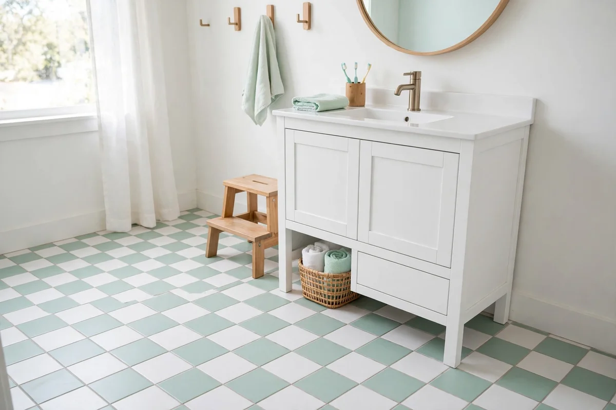 Kids bathroom floor with mint and white checkerboard tile