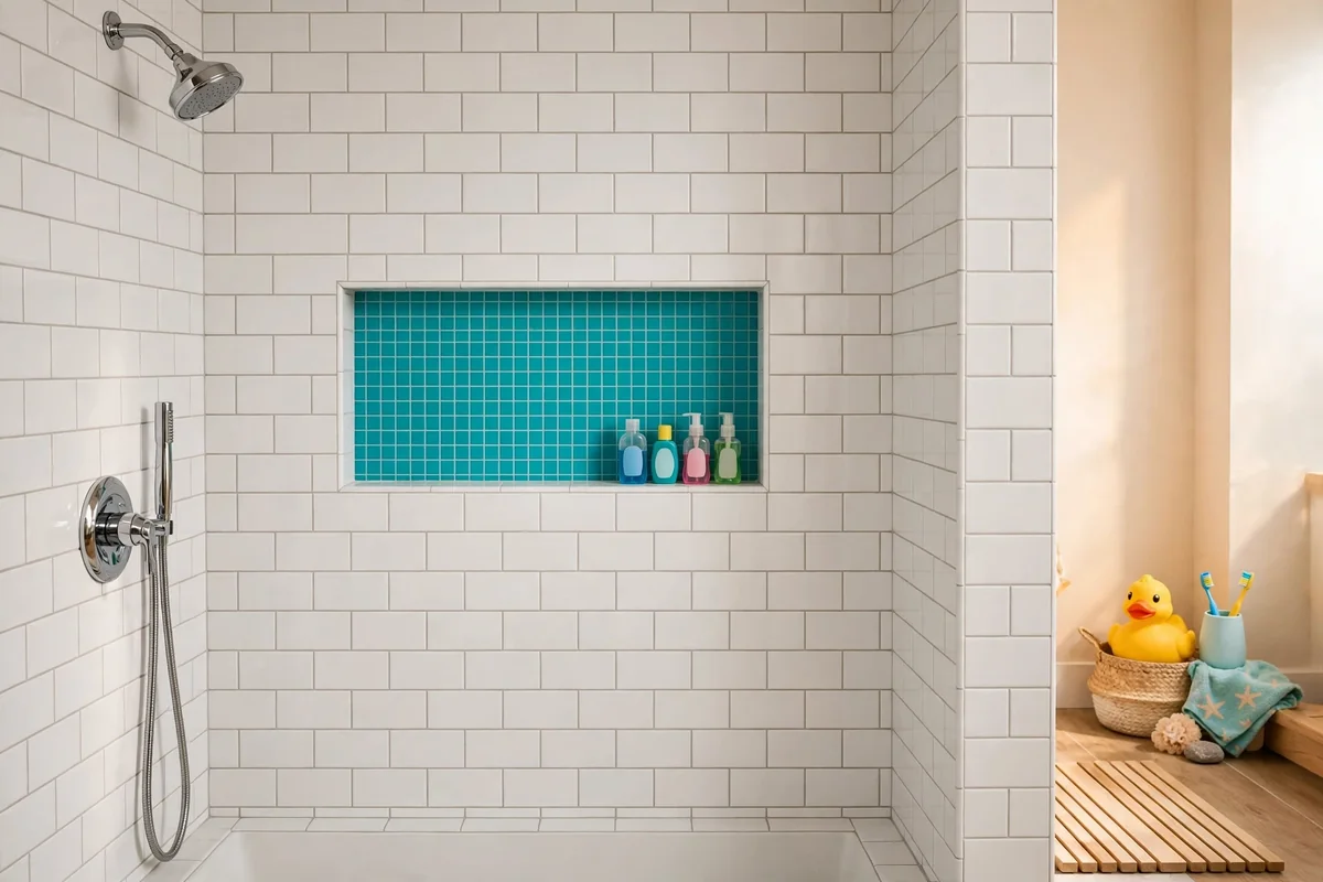 White tiled shower with a turquoise tile lined niche