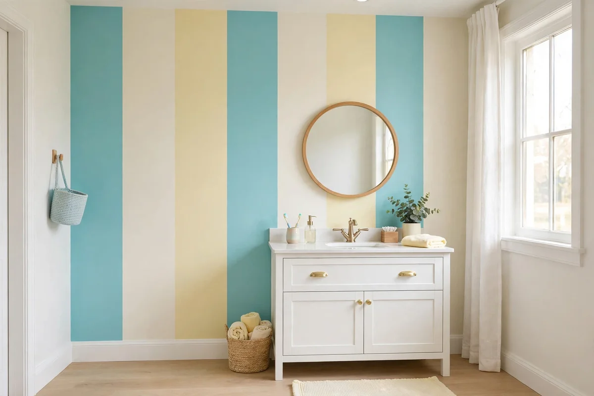 Kids bathroom feature wall with wide vertical stripes in aqua cream and yellow