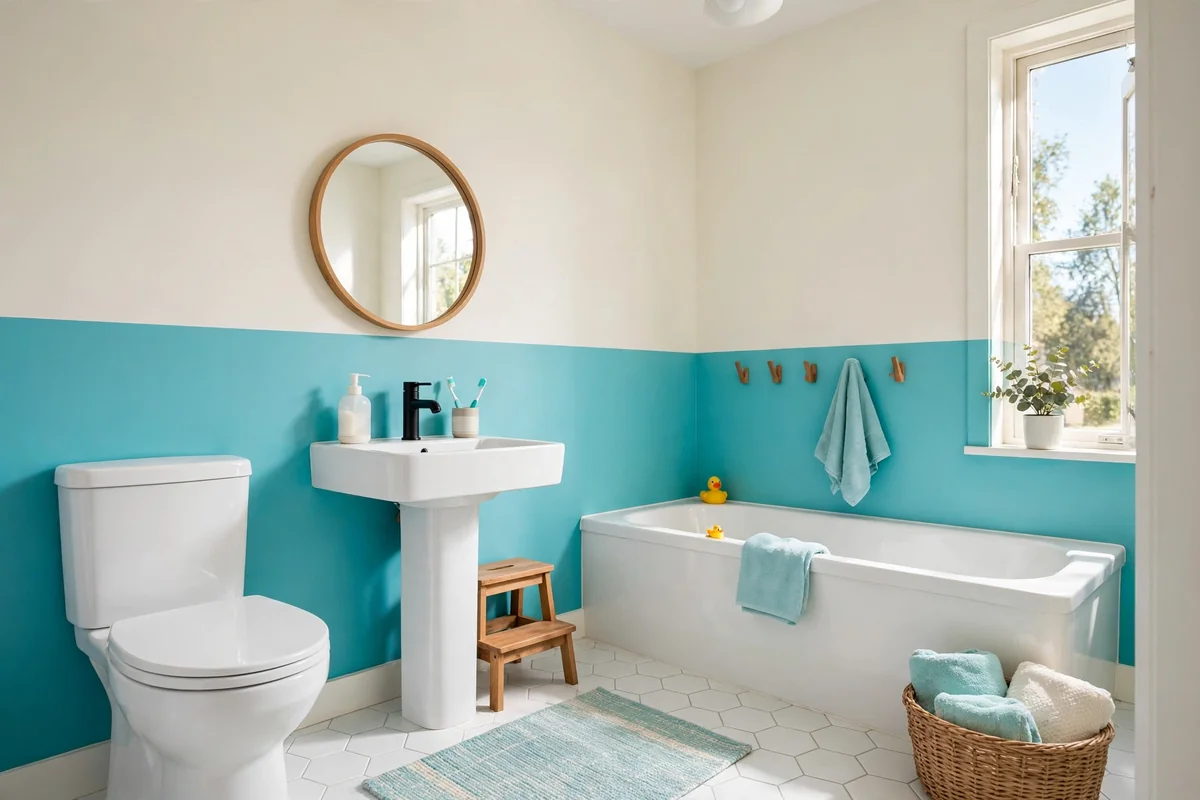 Kids bathroom with color blocked turquoise and white walls