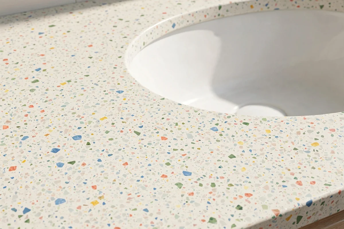 Light terrazzo style bathroom countertop with colorful flecks