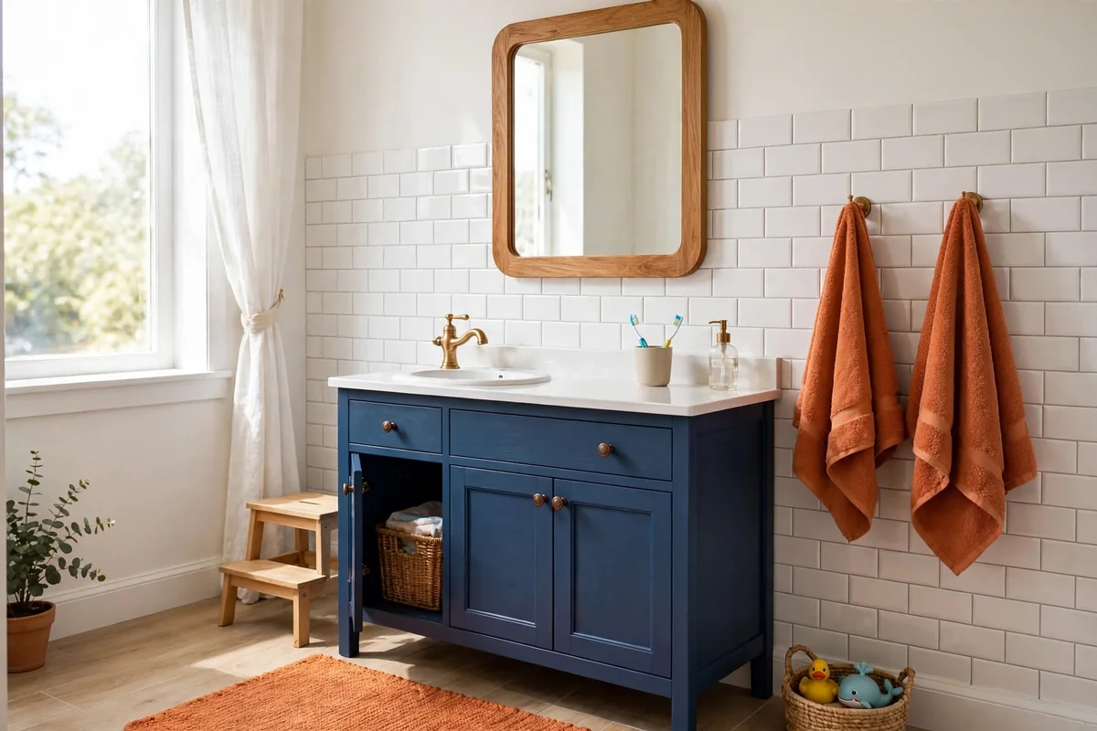 Kids bathroom with deep blue vanity and terracotta orange towels