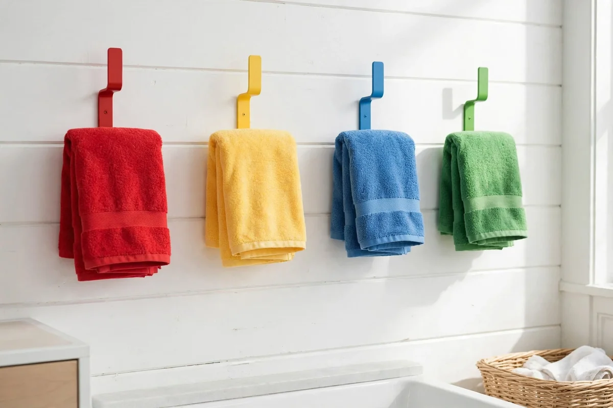 White bathroom wall with a row of colorful hooks holding towels