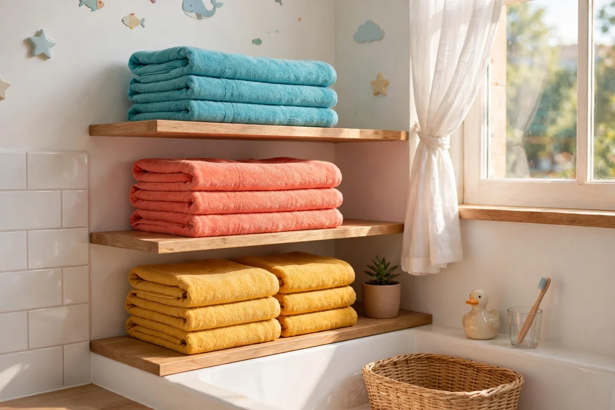 Neatly folded colorful towels in turquoise coral and mustard on shelves