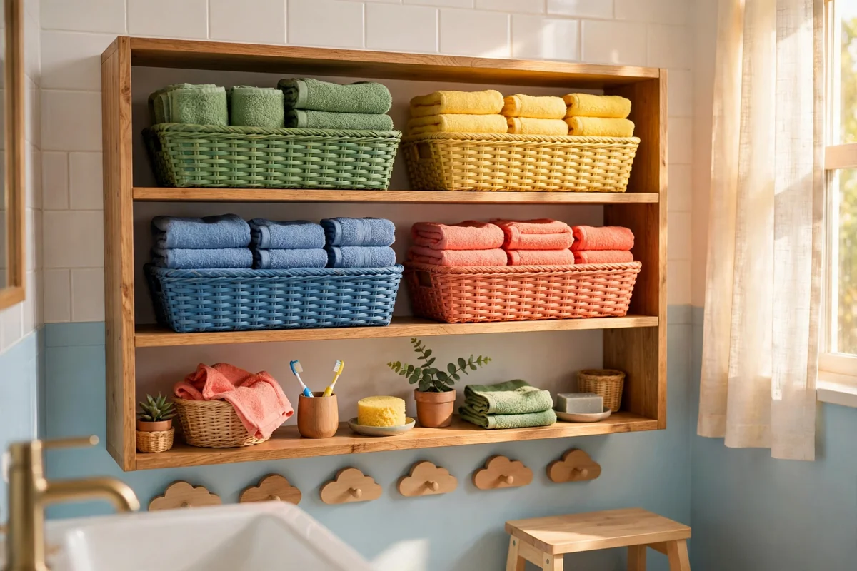 Open bathroom shelves with colorful woven storage baskets
