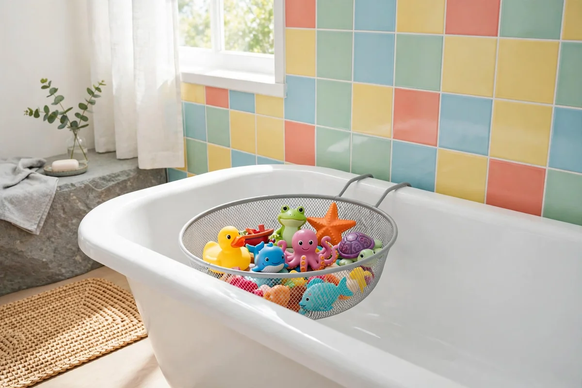 Bathtub area with a mesh basket of colorful bath toys