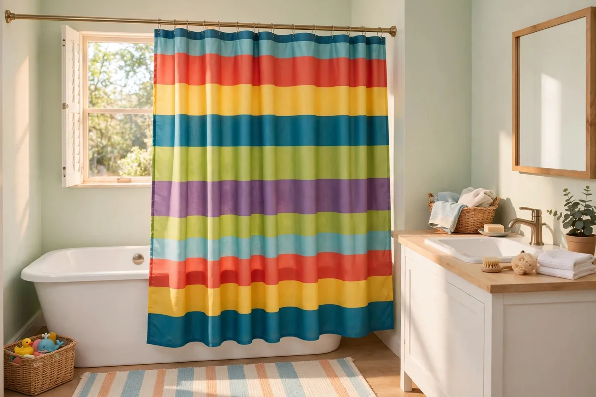 Bright kids bathroom with a bold striped shower curtain