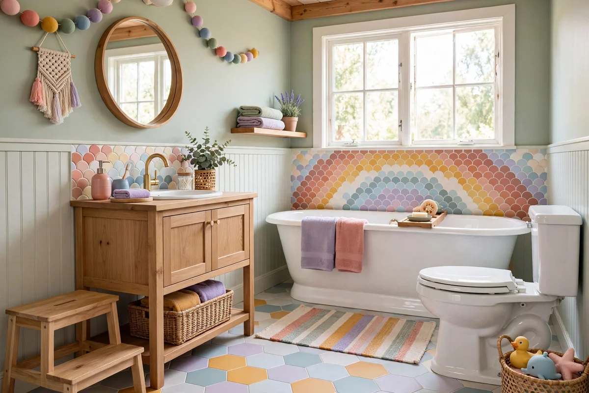 Kids bathroom in a soft pastel rainbow palette