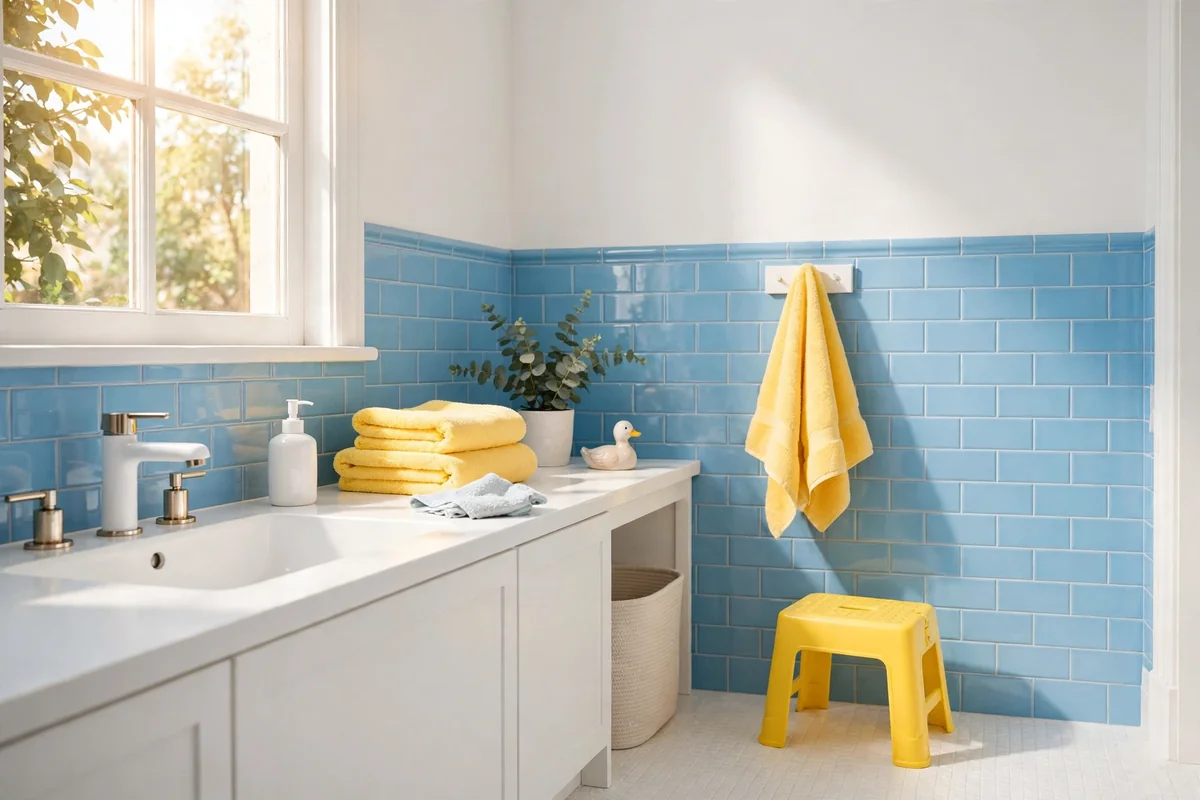 Kids bathroom with sky blue tile and sunny yellow accents