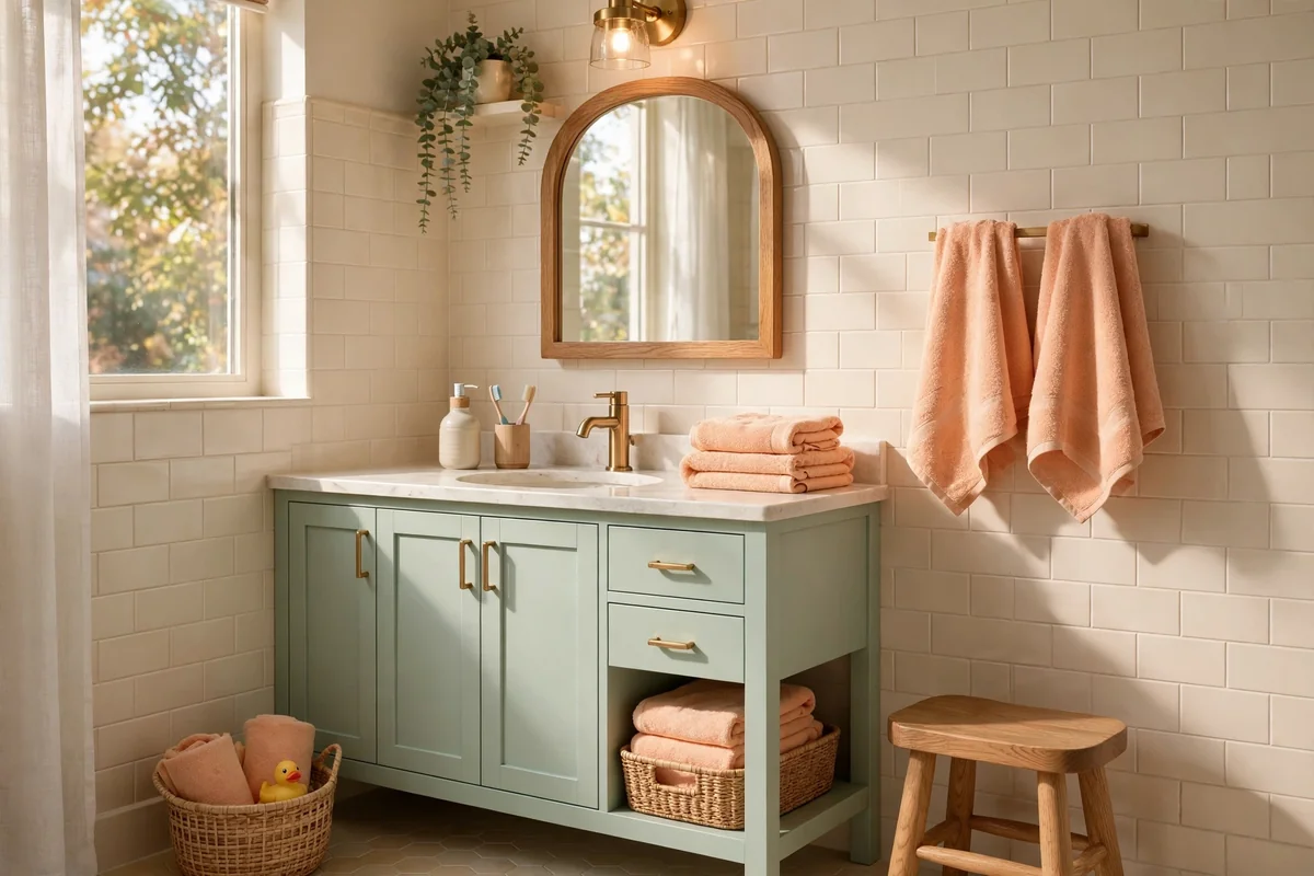 Kids bathroom with mint cabinetry and apricot towels