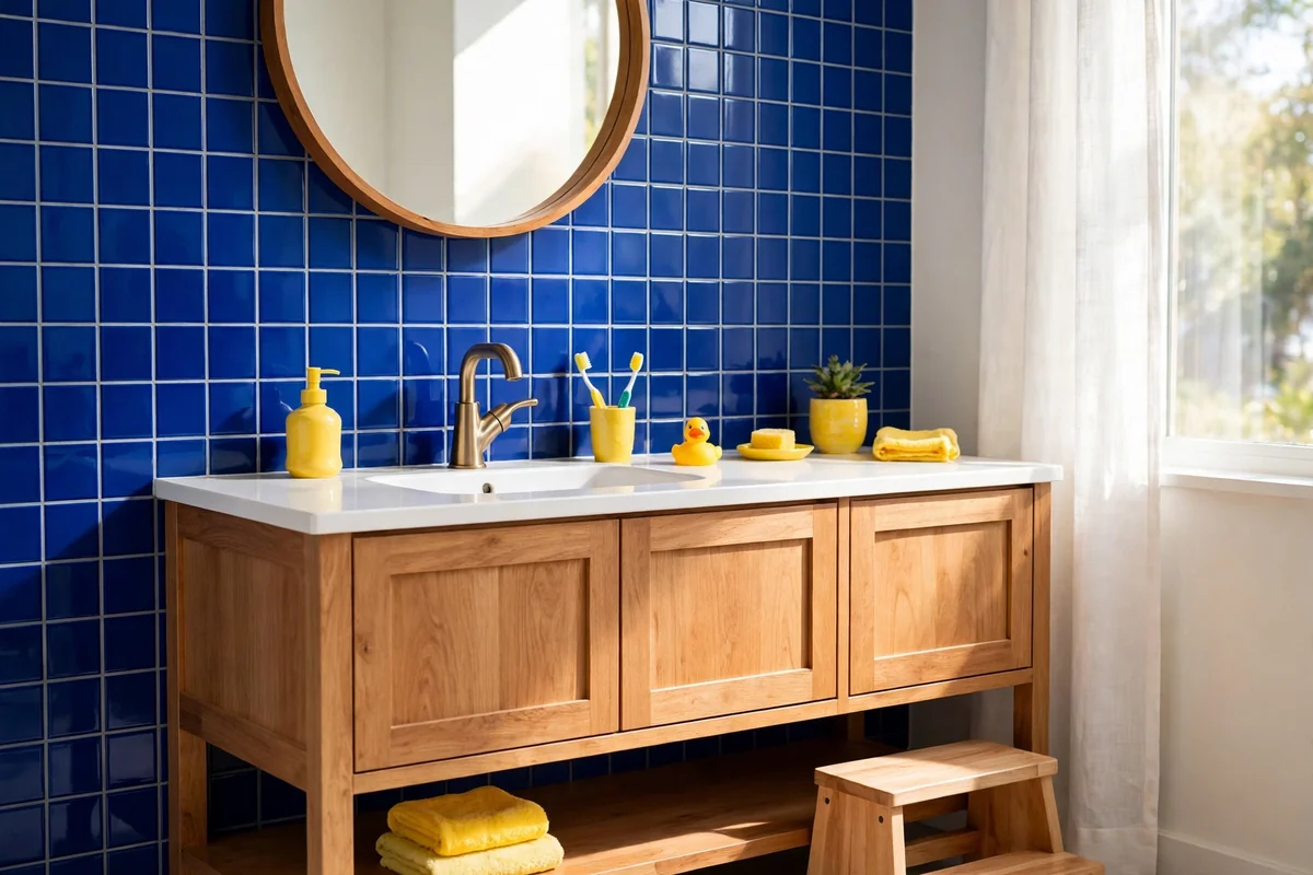 Kids bathroom vanity wall with bold cobalt blue tile