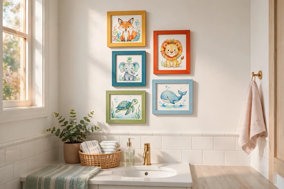 Gallery wall of colorful framed prints in a kids bathroom