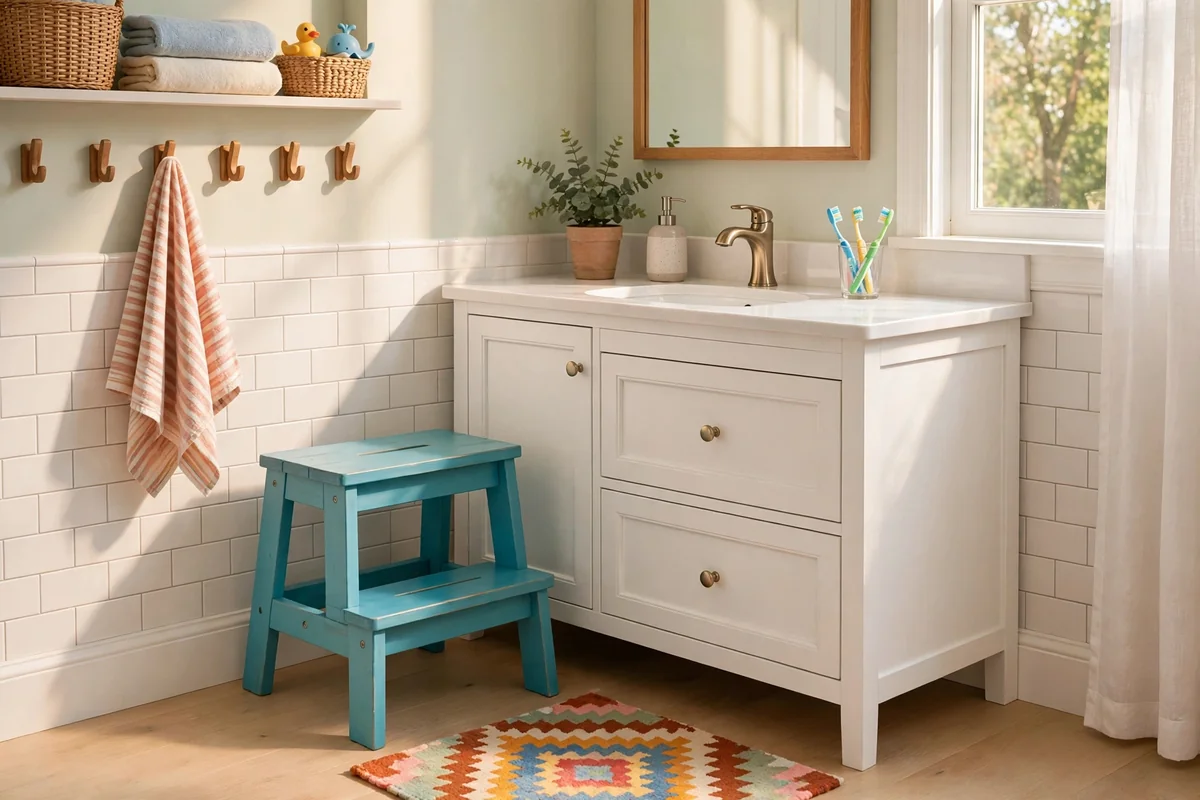 Turquoise wooden step stool beside a white bathroom vanity