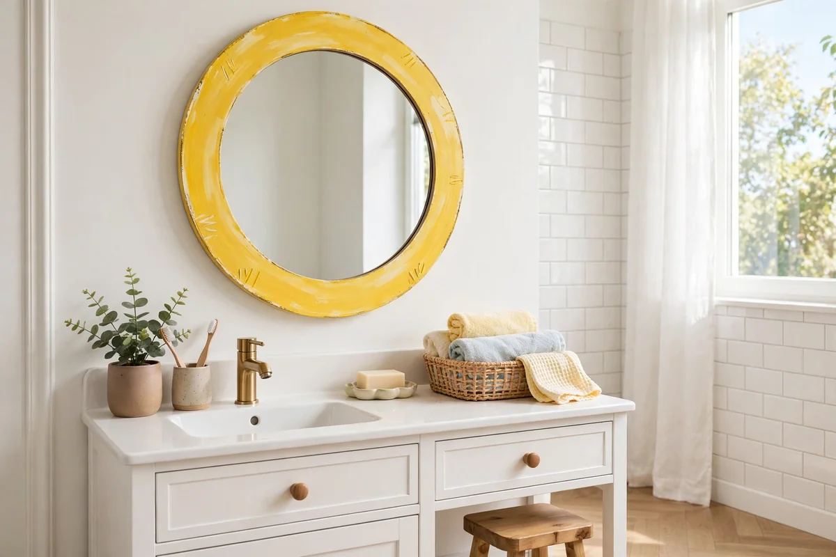 Round mirror with a sunny yellow painted frame above a vanity