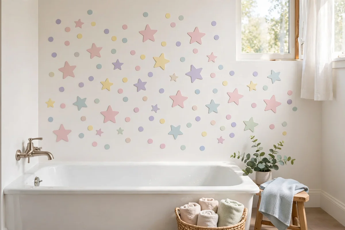 Bathroom wall with pastel peel and stick star and dot decals