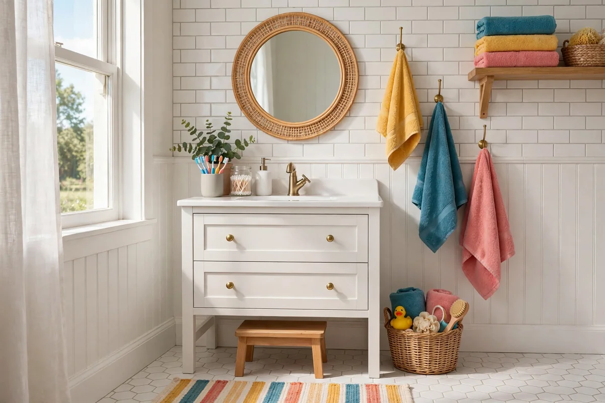 Timeless kids bathroom with white fixtures and colorful changeable accessories