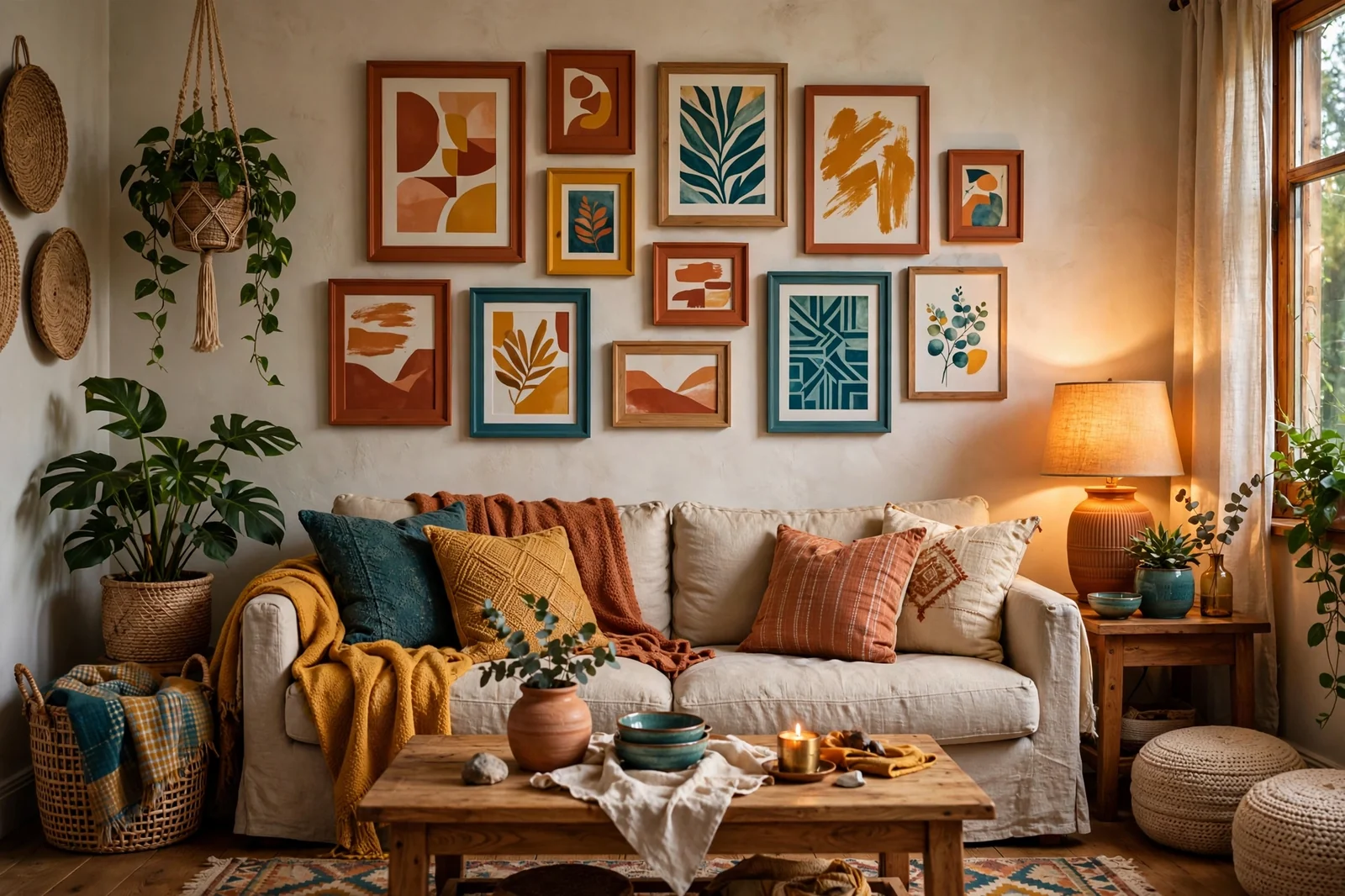 Living room with colorful gallery wall and vibrant wall decor