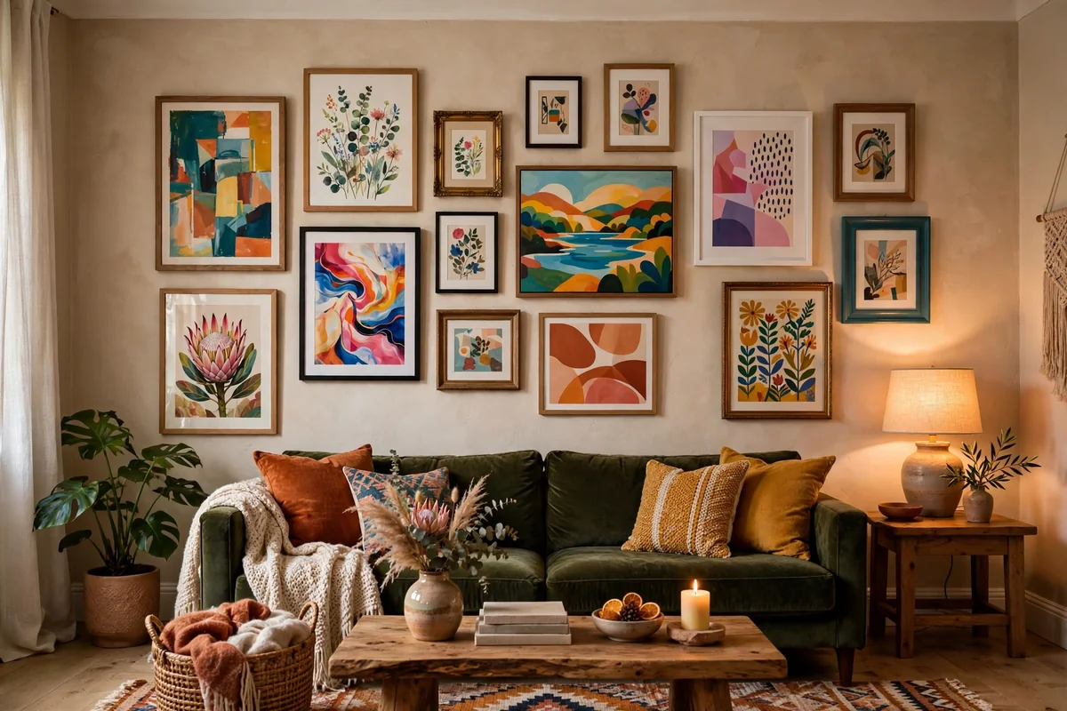 Colorful gallery wall in living room
