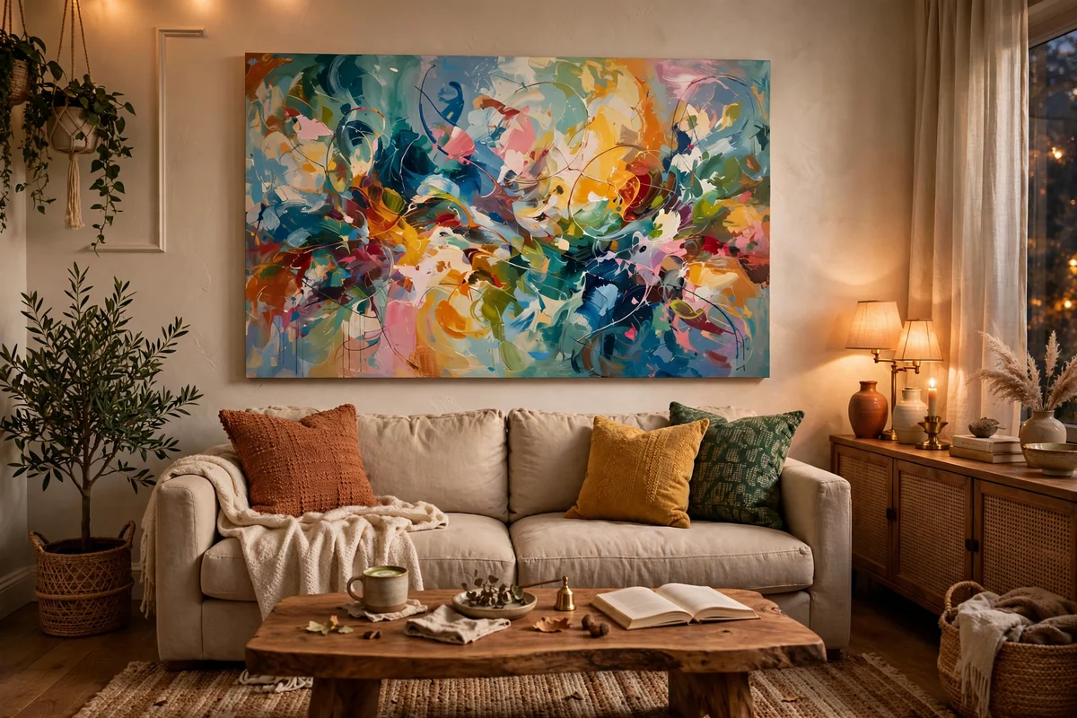 Large colorful statement art in living room