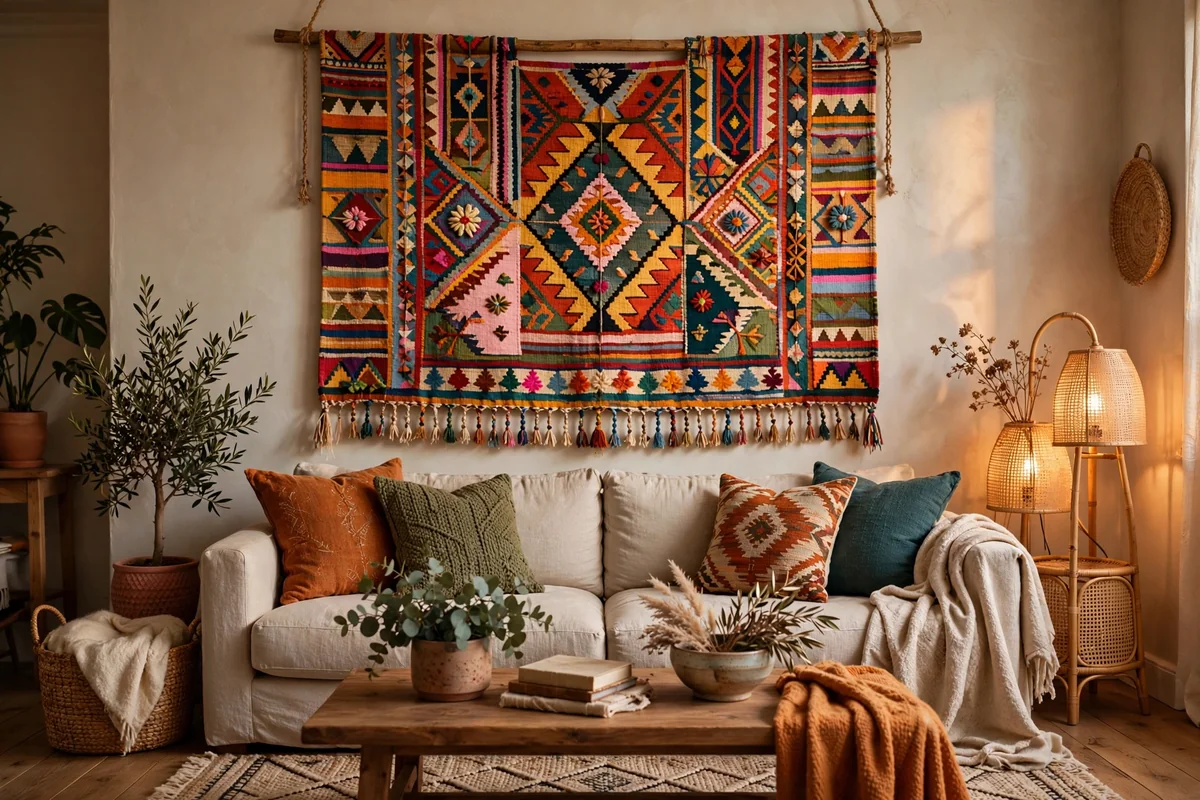Colorful tapestry on living room wall