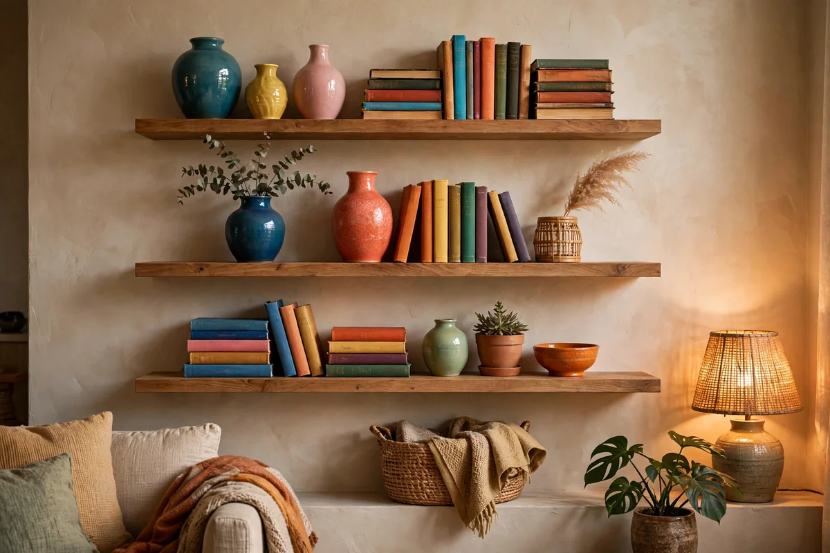 Floating shelves with colorful decor in living room