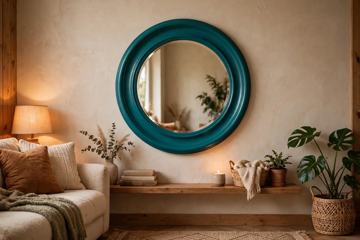 Bold colorful mirror frame in living room