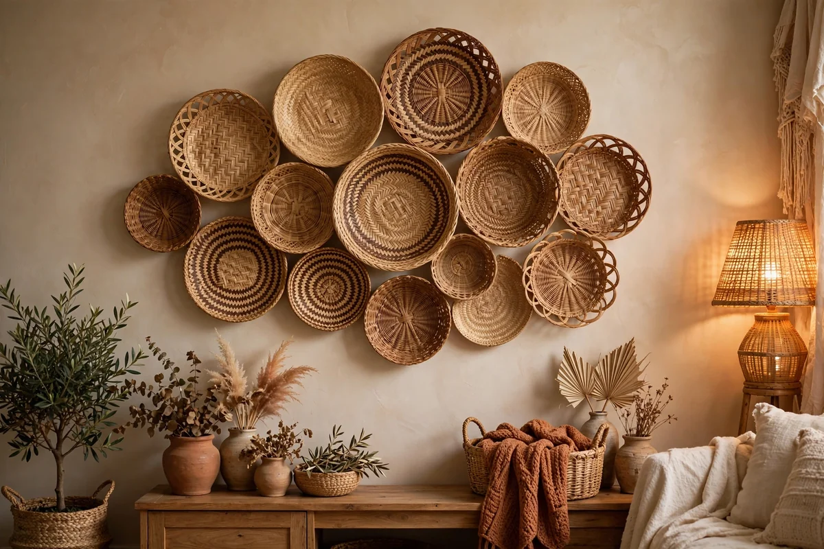Woven wall baskets in living room